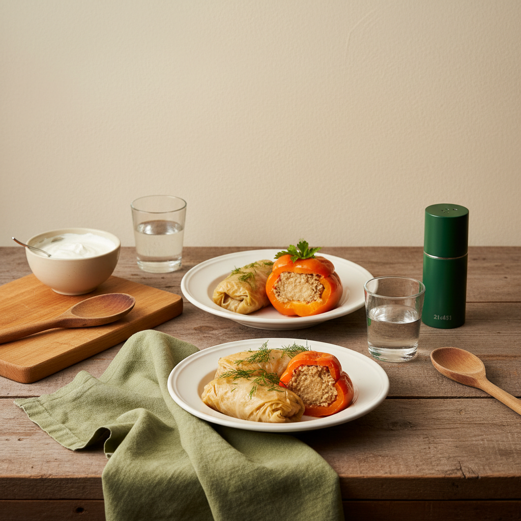 Vollbild einer warmen, minimalistischen europäischen Küche mit ungarisch-rumänischem Gericht, dezenten Schnell Lecker-Farben (#dbdbcf Hintergrund, #a5cd8d Akzente), sauber arrangiert; reichster deutscher Fernsehkoch 2025