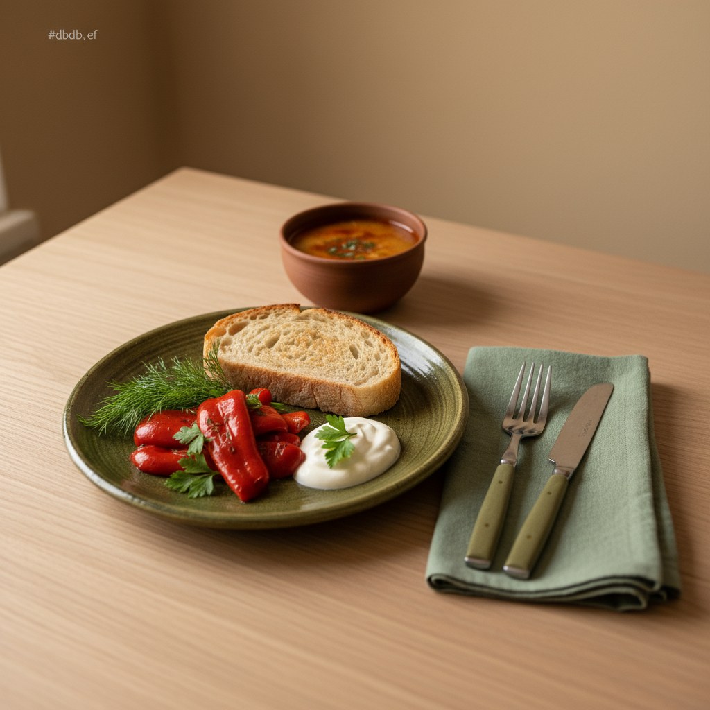 Nahaufnahme eines minimalistischen, heimeligen ungarisch-rumänischen Tafelgedecks mit Keramikteller, Besteck und Serviette vor #dbdbcf Hintergrund — Honorar TV-Juror