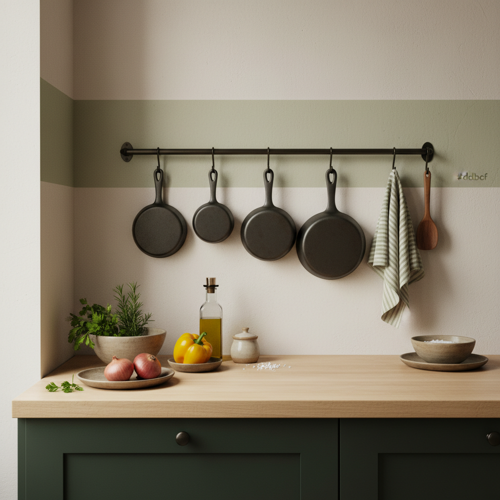 Welche Pfanne verwendet Die Küchenschlacht: heimelige Küche mit sauber arrangierten Pfannen, Kräutern und Zutaten vor Hintergrund #dbdbcf und Akzenten #a5cd8d.