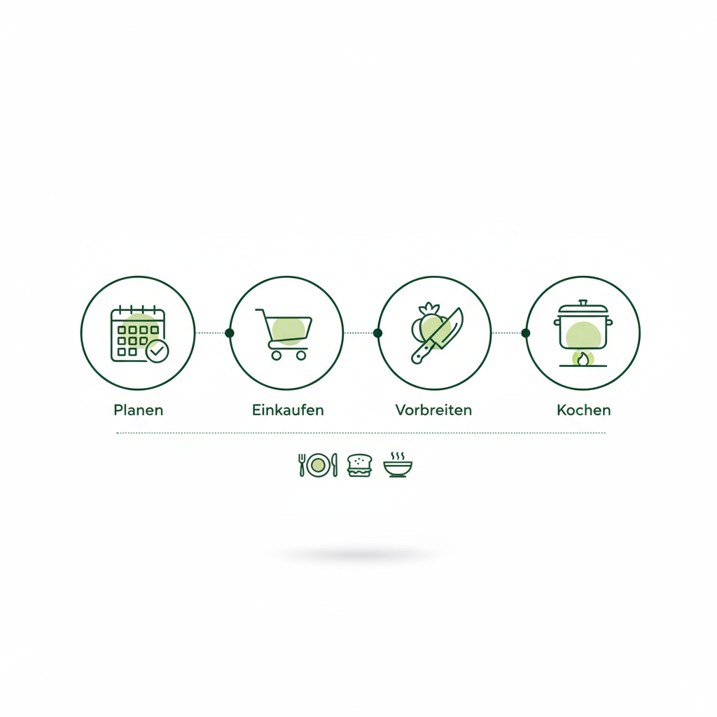 Vektor-Infografik mit minimalistischen Icons für Planen, Einkaufen, Vorbereiten und Kochen sowie drei schnelle Rezepte – Wer zahlt die Zutaten bei der Küchenschlacht