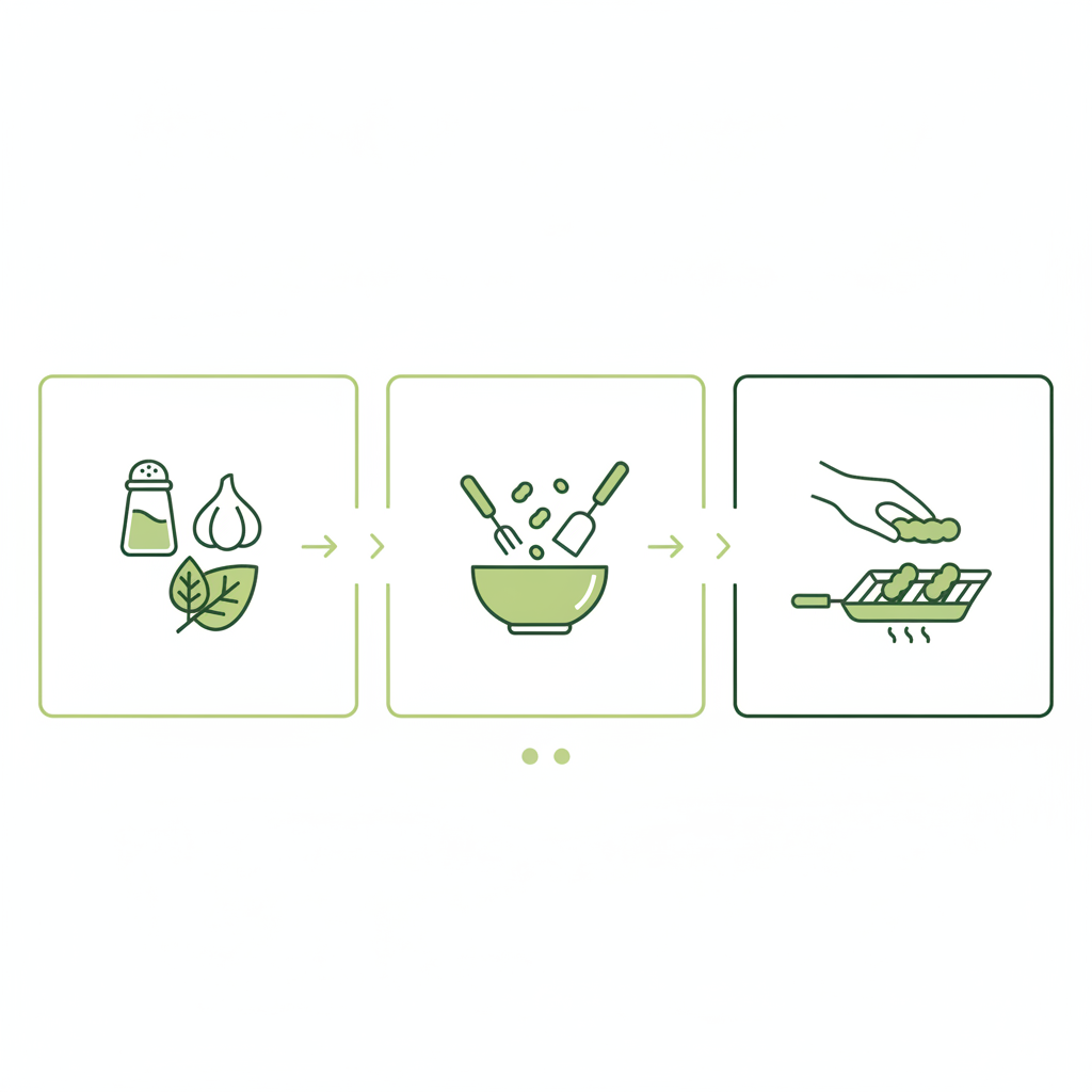 Minimalistische 2D-Vektor-Infografik in drei Panels zeigt Icons für Zutaten, Mischen, Formen und Braten als visuelle Anleitung zum Cevapcici würzen im Schnell Lecker Stil