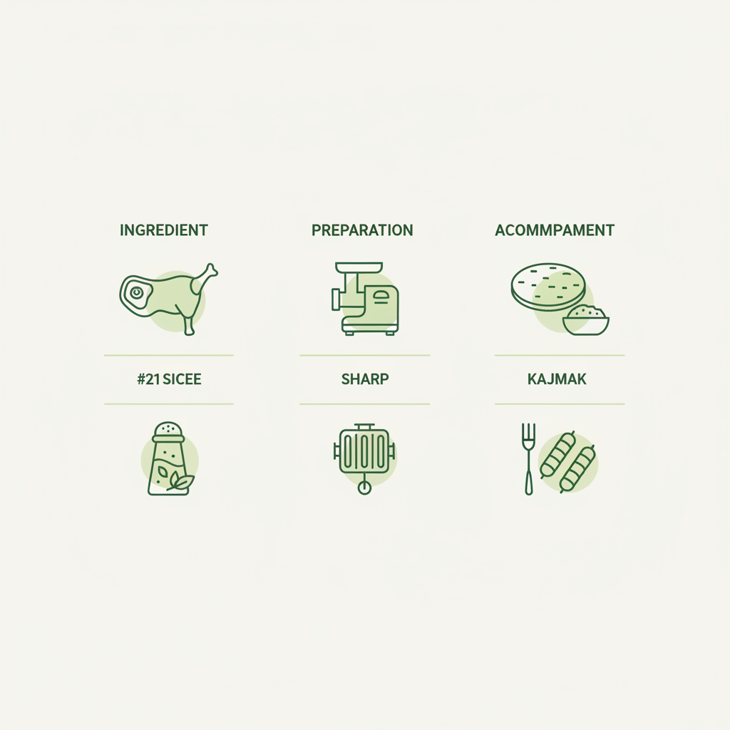 2D-Vektor-Infografik mit Icons für Zutaten (Rind, Lamm, Gewürze), Schritte (Mahlen, Formen, Grillen) und Begleiter (Lepinja, Kajmak). Ist ćevapčić griechisch oder kroatisch?