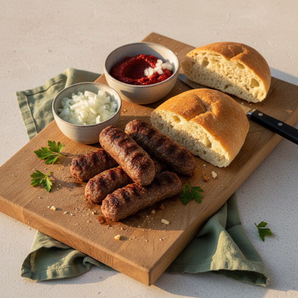 Rustikales Arrangement mit Lepinja, rohen Zwiebeln, Ajvar und Ćevapi auf Holzbrett in warmem Licht – im Kontext: Ist ćevapčić griechisch oder kroatisch?