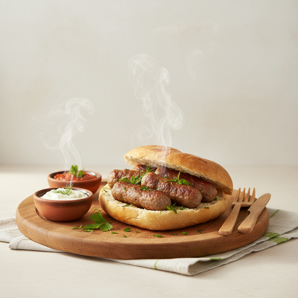 Wie isst man Cevapcici: Vollbild-Nahaufnahme einer Platte mit Cevapcici in Lepinja, kleinen Schälchen Ajvar und Kajmak, Holzbesteck, dezenter Dampf, warme minimalistische Küchenästhetik, Hintergrund #dbdbcf