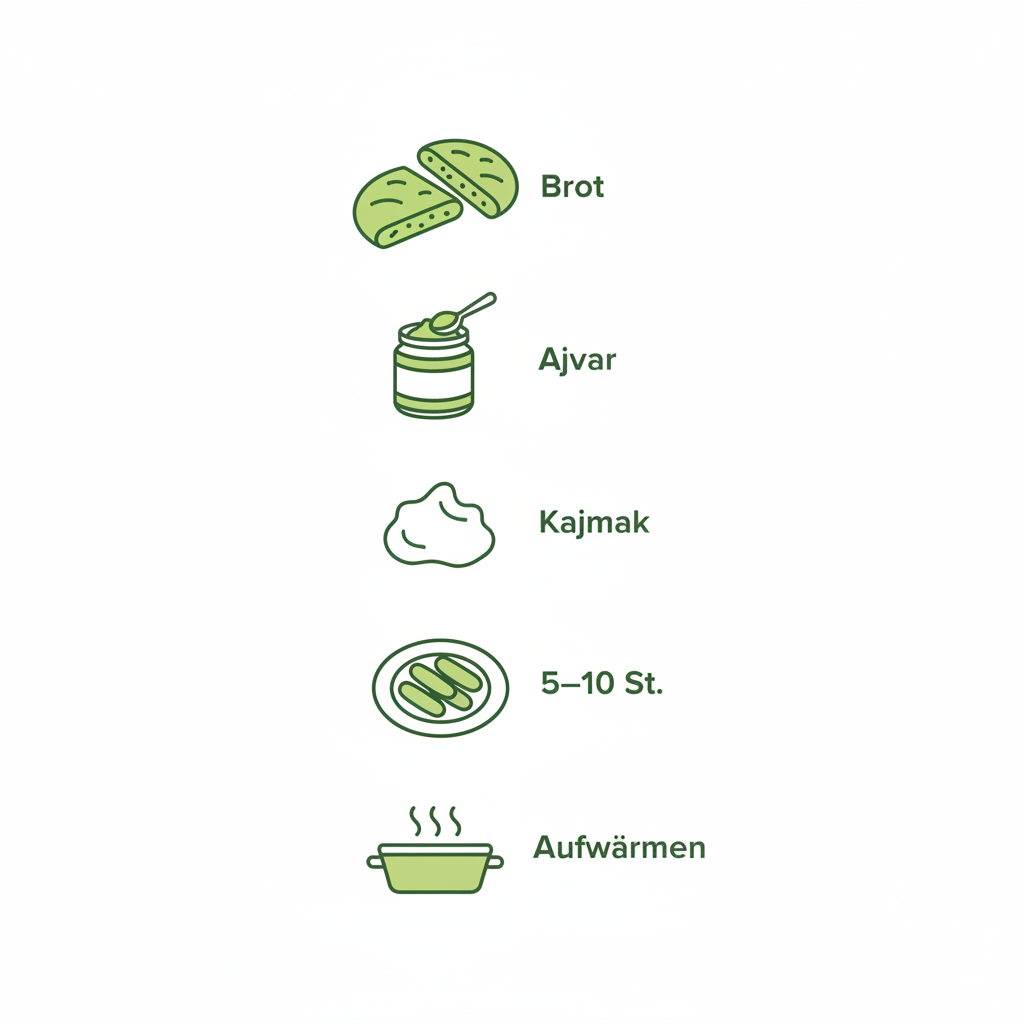 Minimalistische Infografik: Wie isst man Cevapcici — Icons für warmes Brot, Ajvar, Kajmak, Portionen (5–10 Stück) und Aufwärmen in Markenfarben.