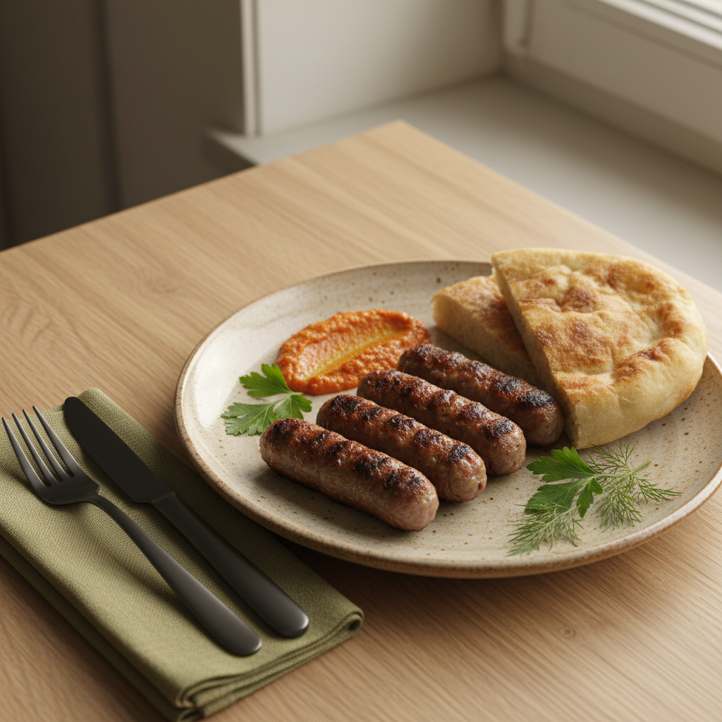 Detailaufnahme eines gedeckten Tellers mit Cevapcici, Fladenbrot, Ajvar und frischen Kräutern in warmer, natürlicher Stimmung – Natron in Cevapcici