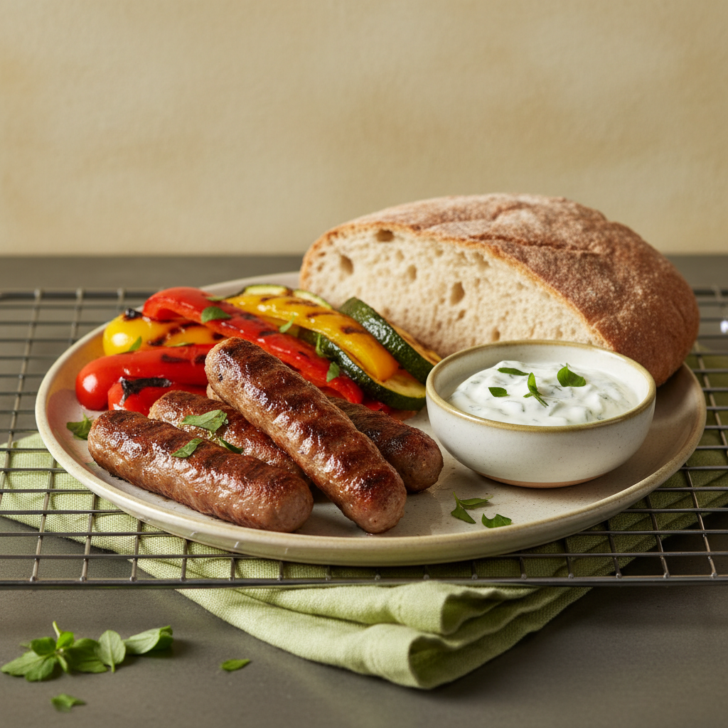 Close-up: Cevapcici auf Ofenrost mit Joghurt‑Kräuter‑Dip, gegrilltem Gemüse und Vollkorn‑Fladenbrot vor hellem #dbdbcf Hintergrund.