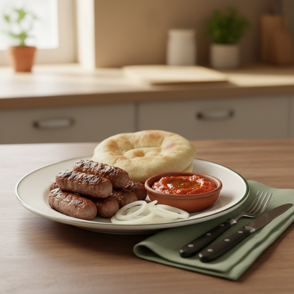 Close-up gegrillter cevapcici mit Lepinja, Ajvar und rohen Zwiebeln auf minimalistischem Teller, warme natürliche Beleuchtung, Markenfarben #dbdbcf #a5cd8d #21431f