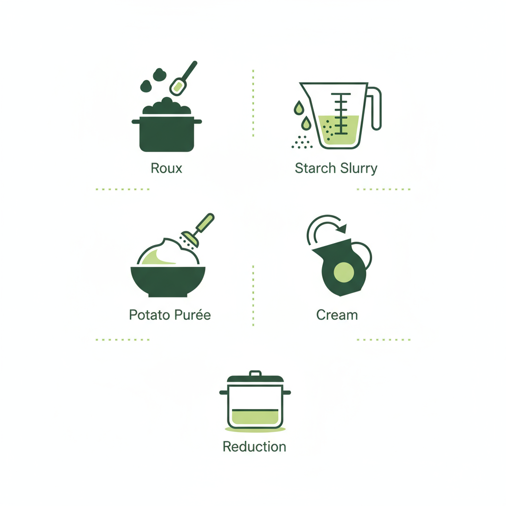 Minimalistische 2D-Vektor-Infografik mit fünf Icons (Roux, Stärke-Slurry, Kartoffelpüree, Sahne, Reduktion) zur Anleitung: Käse-Lauch-Suppe andicken