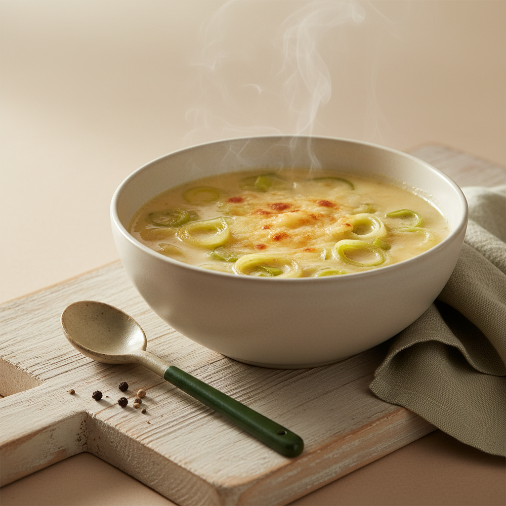 Nahe Aufnahme einer cremigen Käse-Lauch-Suppe in heller Keramikschüssel auf Holzbrett mit grünen Lauchakzenten und warmer Beleuchtung – Käse-Lauch-Suppe andicken