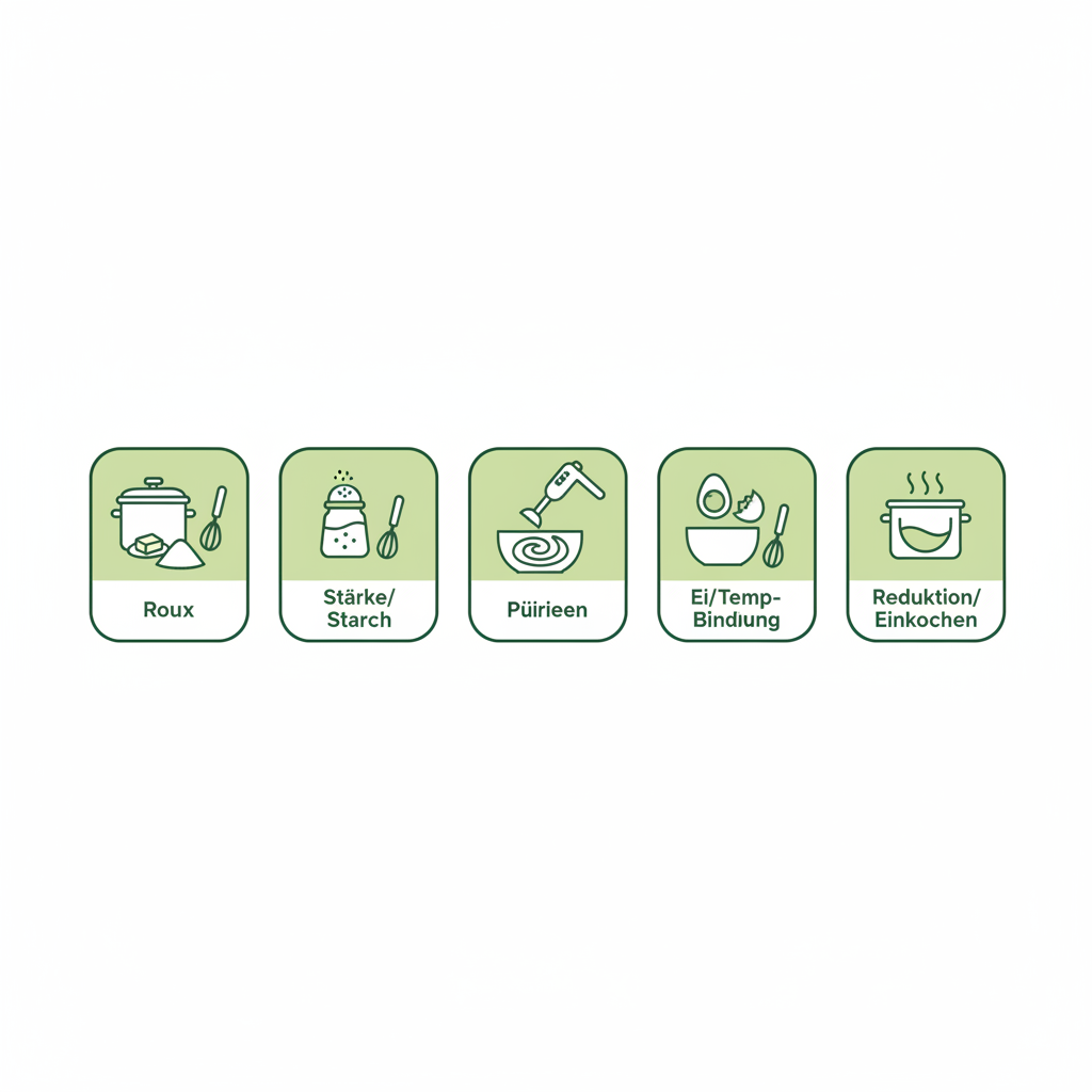 Minimalistische 2D-Vektor-Infografik mit fünf Icons zu Andickmethoden für Käse-Lauch-Suppe in Schnell Lecker Farben, ohne Texte oder Logos.