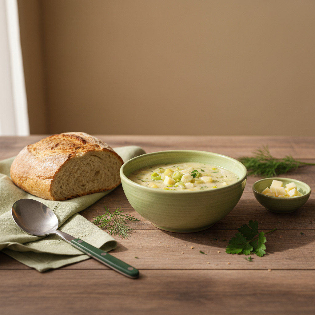 Komplettes Full-Frame-Bild einer Käse-Lauch-Suppe in rustikaler Schüssel auf minimalistisch gedecktem Tisch mit Lauch, Kartoffeln und Käsestücken vor #dbdbcf Hintergrund