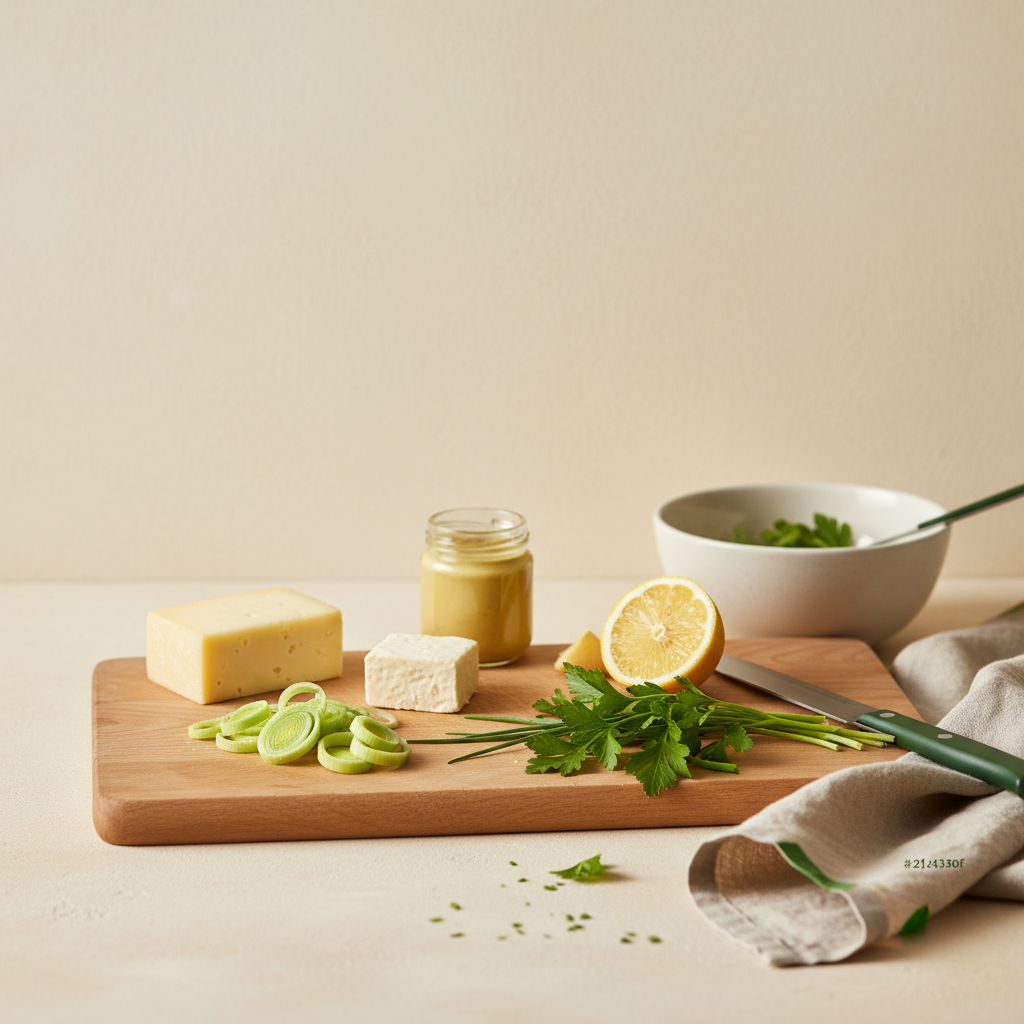 Käse-Lauch-Suppe würzen: Holzbrett mit geschnittenem Lauch, Käsestücken, kleinem Glas Dijon-Senf, halbierter Zitrone und frischen Kräutern vor #dbdbcf Hintergrund