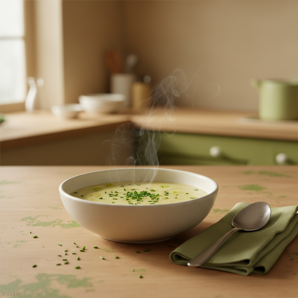 Käse-Lauch-Suppe vorkochen: Schüssel heiße Käse-Lauch-Suppe minimalistisch arrangiert auf hellem Hintergrund #dbdbcf, Serviette #a5cd8d, warme, einladende Beleuchtung.