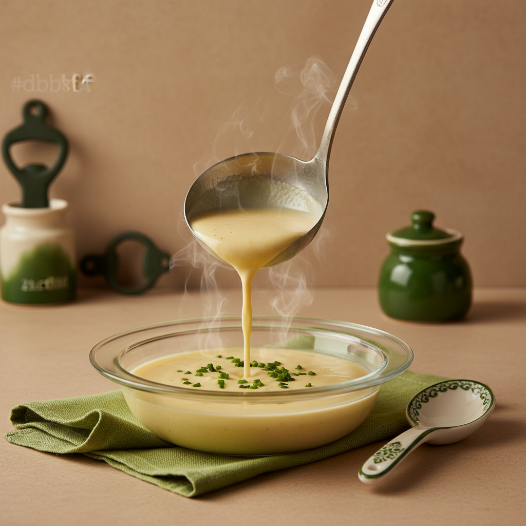 Close-up einer cremigen Käse-Lauch-Suppe in flacher Glasschale, gerade eingegossen, minimalistische Küche mit Hintergrund #dbdbcf und Akzenten #a5cd8d, warmes Licht