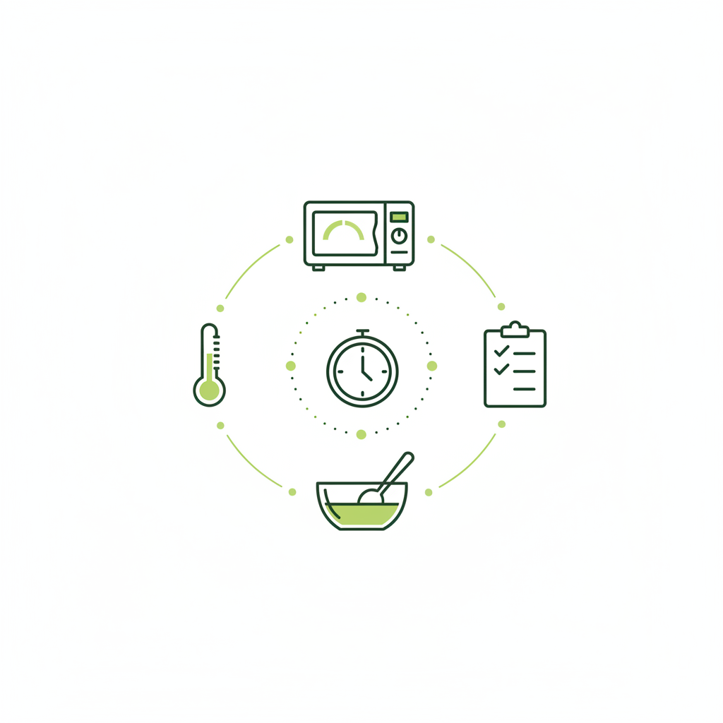 Minimalistische 2D-Vektorinfografik zum Käse-Lauch-Suppe aufwärmen Mikrowelle mit Icons für Mikrowelle, Thermometer, Schüssel, Löffel und Checkliste.