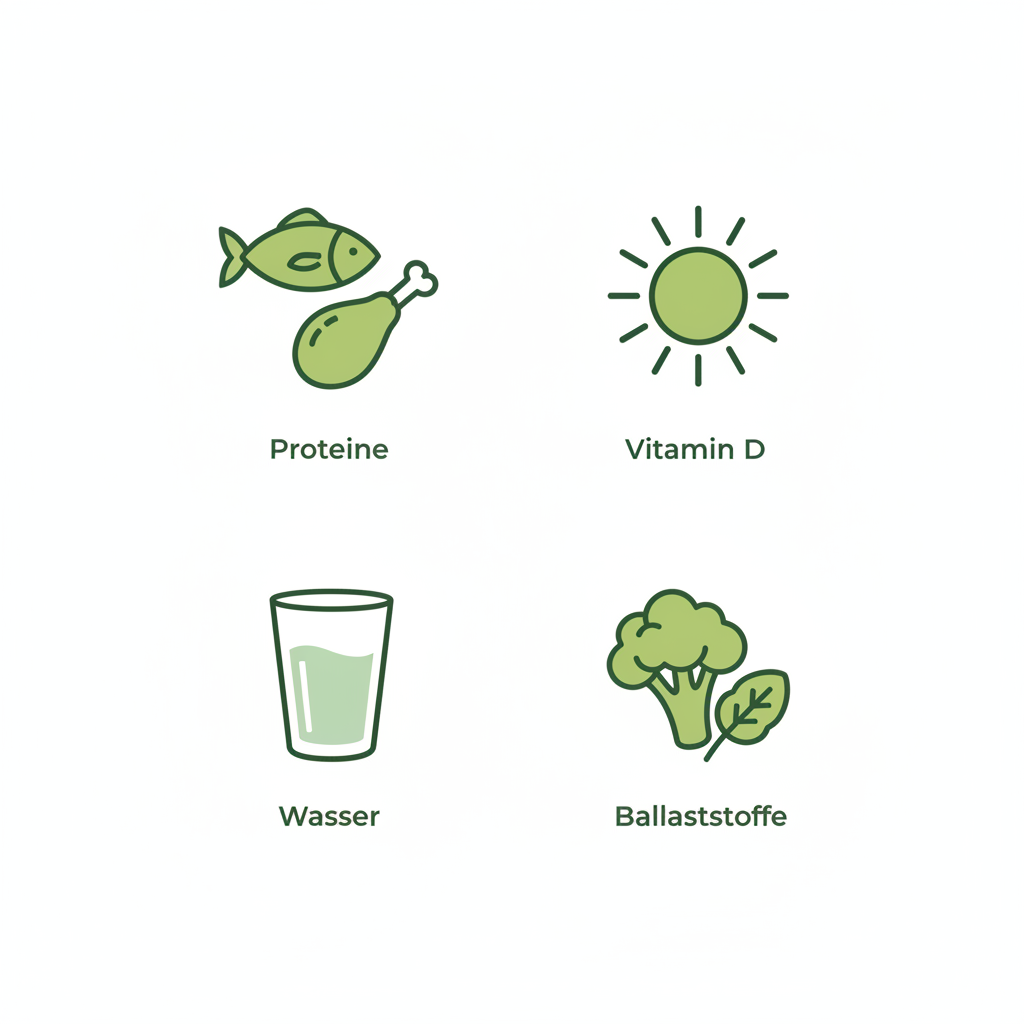 Minimalistische 2D-Infografik mit Vektor-Icons für Proteine, Vitamin D, Wasser und Ballaststoffe in Markenfarben – Was sollte man ab 60 essen?