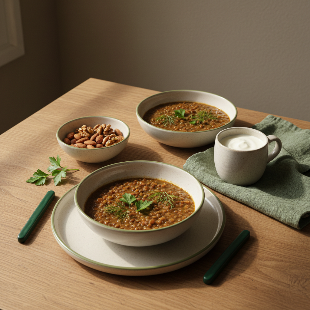 Was sollte man ab 60 essen? Vollformatfoto eines minimalistischen europäischen Tisches mit Linseneintopf, Joghurt, Nüssen auf Holz, Keramik und warmem Tageslicht