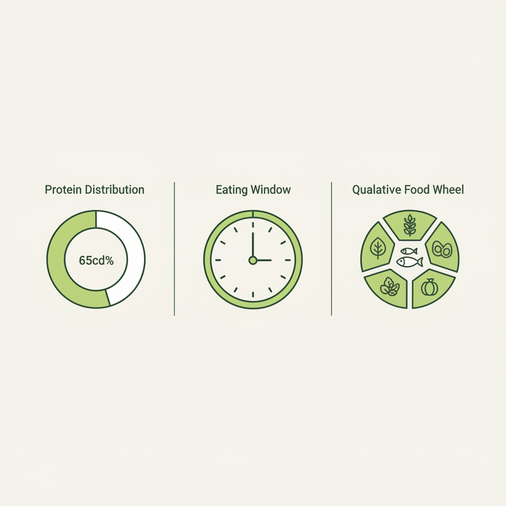 Minimalistische 2D-Infografik zur gesündesten Mahlzeit am Tag mit Protein-Verteilung, Essfenster-Uhr und Lebensmittelrad in Schnell Lecker Farbpalette