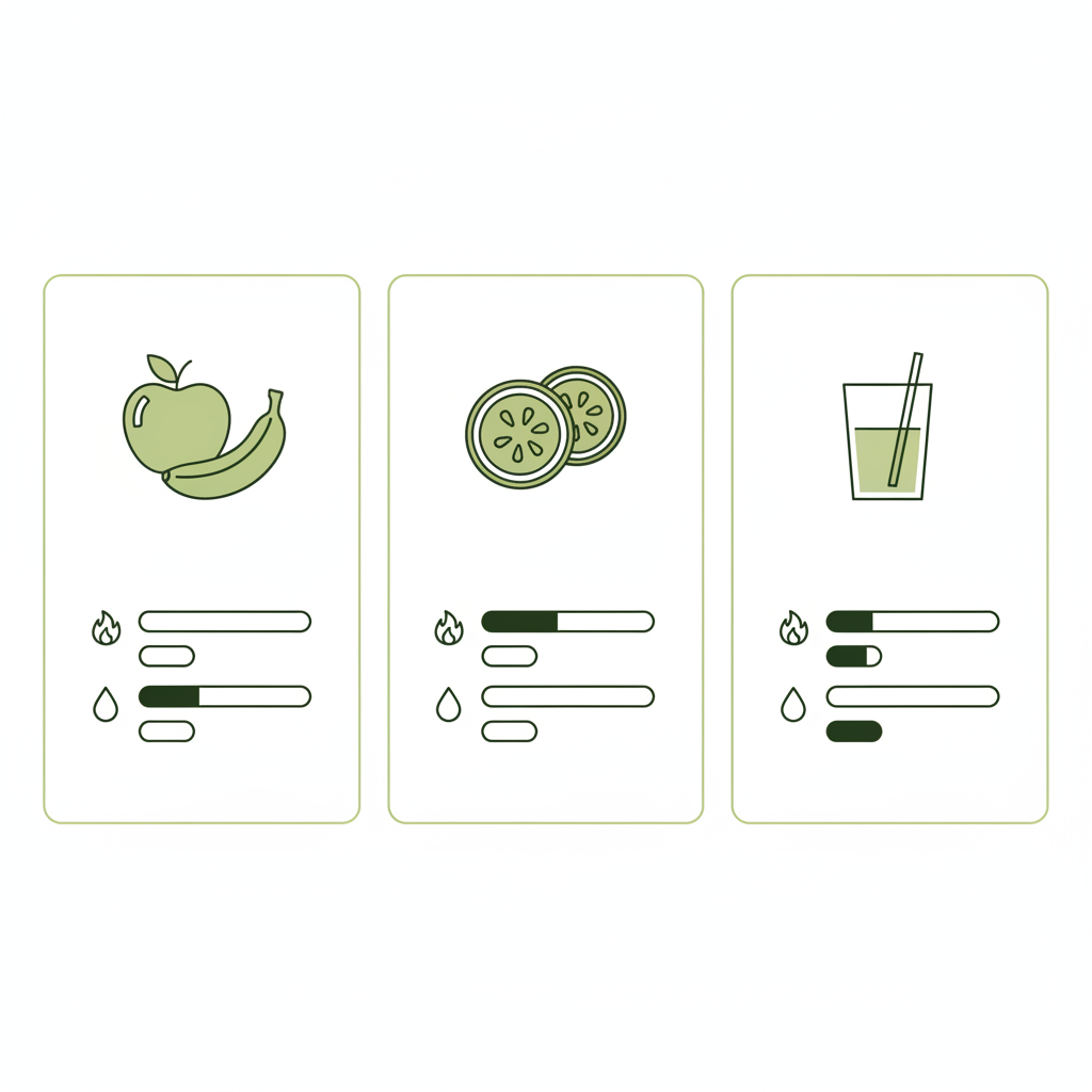 Minimalistische 2D-Vektor-Infografik: frisches Obst vs getrocknetes Obst vs Saft mit Icons für kcal und Zucker im Markenstil – welches obst ist am wenigsten gesund