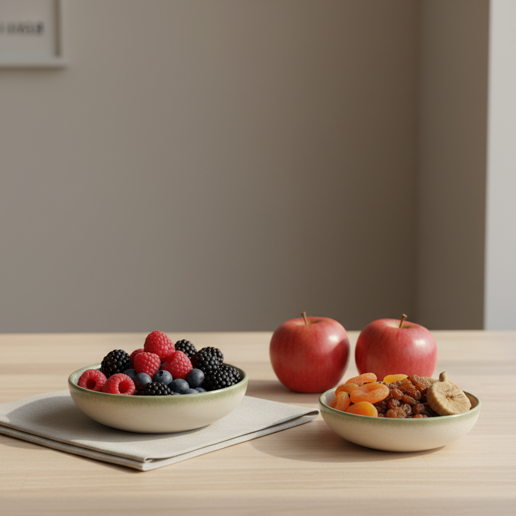 Homey Küchentisch mit frischen Beeren, Äpfeln und kleiner Schale Trockenfrüchte vor Hintergrund #dbdbcf mit Akzenten #a5cd8d, minimalistisches Arrangement — welches obst ist am wenigsten gesund