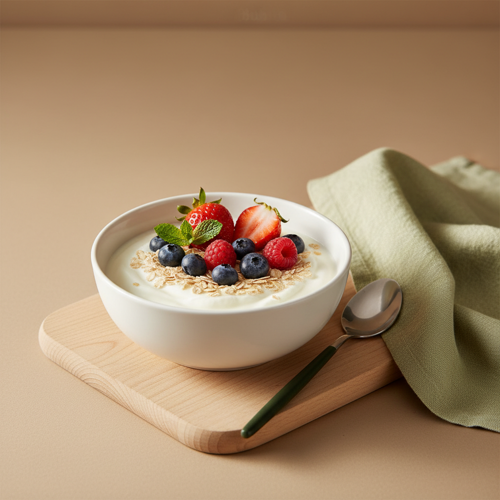 Schlichtes Frühstück mit Schale Naturjoghurt, Haferflocken, Beeren und Minze – motiviert zum täglich Joghurt essen in einer warmen, minimalistischen europäischen Küche.