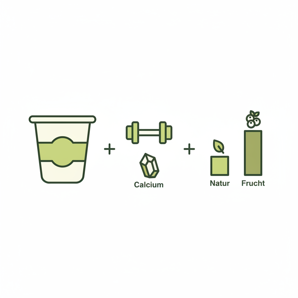 Minimalistische 2D-Vektor-Infografik zu täglich Joghurt essen mit Joghurtbecher, Protein-Icon, Kalzium-Symbol und Zucker-Vergleichsbalken in Markenfarben