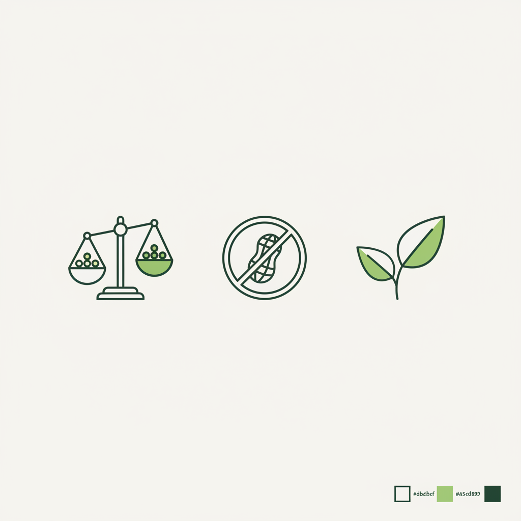 Was ist eine Zutat? Minimalistische 2D-Vektor-Infografik mit Waage, Allergensymbol, Blatt und Markenfarbpalette auf Hintergrund #dbdbcf, Akzent #a5cd8d, Linienfarbe #21431f.