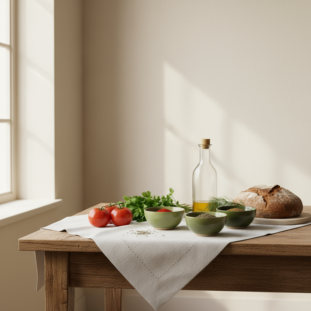 Was ist eine Zutat? Vollbildaufnahme einer gemütlichen europäischen Küche mit ungarisch-rumänischen Zutaten: Tomaten, Kräuter, Olivenöl und Brot in Schnell Lecker Farben.