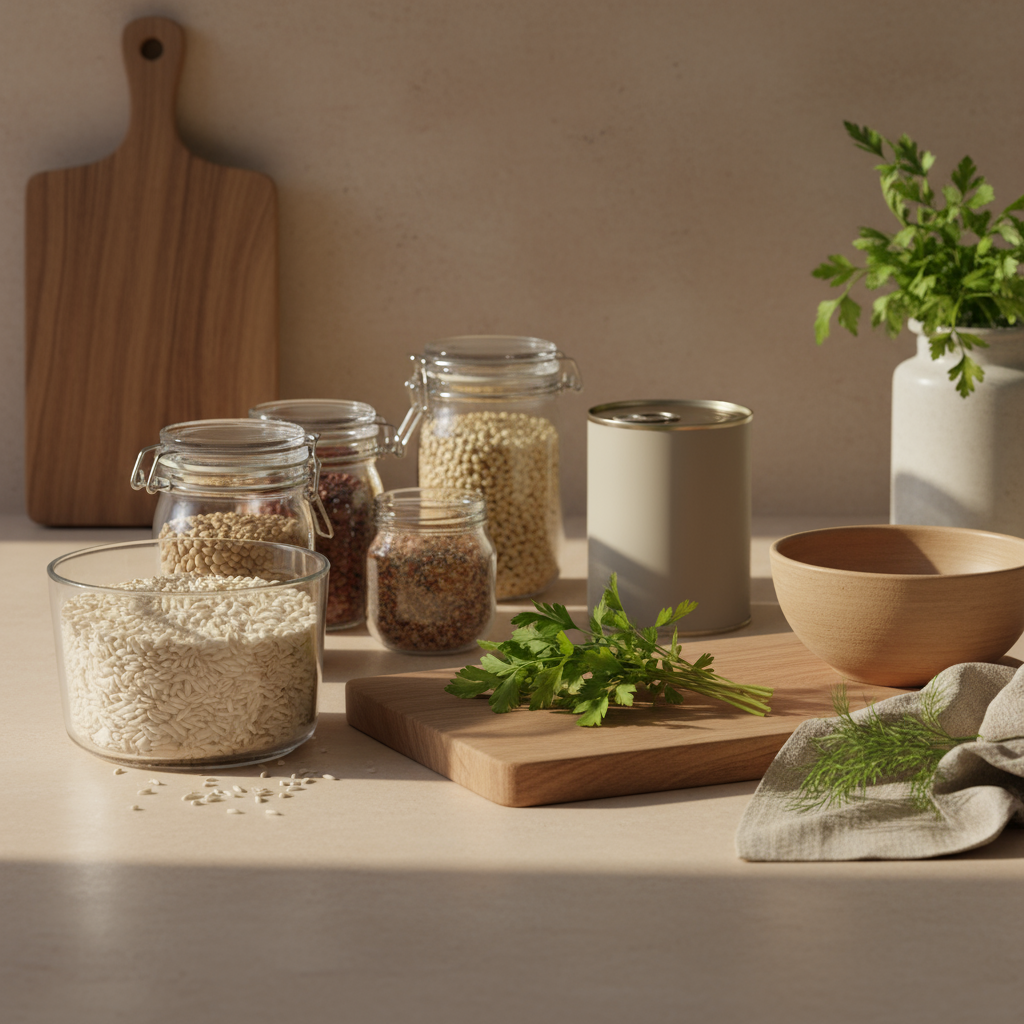 Vorratsliste Küche: Vollbild eines minimalistischen, heimeligen Küchensets mit Reisglas, Schraubgläsern, Dose Tomaten und einem frischen Kräuterbündel vor hellem #dbdbcf Hintergrund.