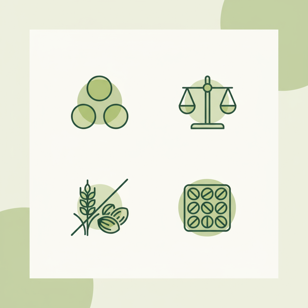 Minimalistische 2D-Vektor-Infografik zur Zutatenliste mit vier Icons für Reihenfolge, Allergene, QUID und E‑Nummern auf hellgrünem Hintergrund.