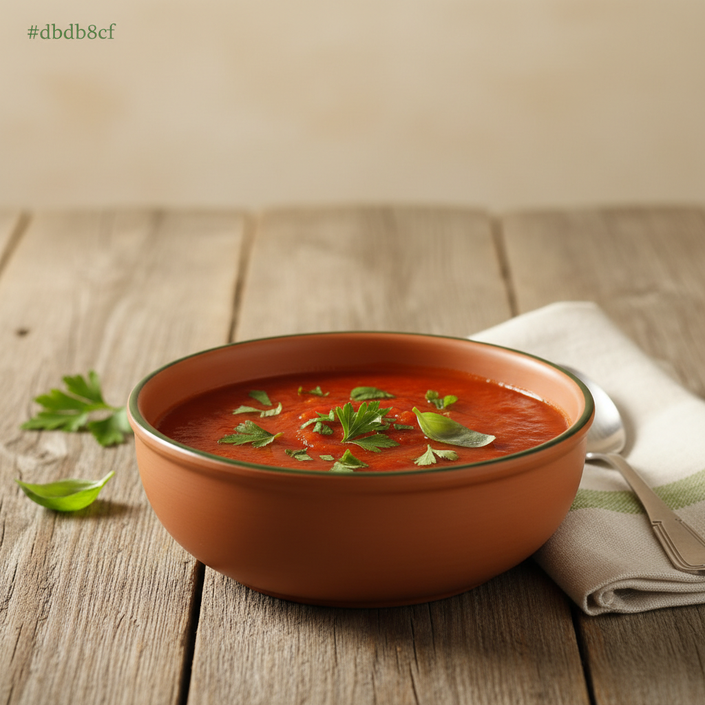 zutatenliste: Nahaufnahme eines einfachen, appetitlichen Tellers mit hausgemachter Tomatensauce und frischen Kräutern vor rustikalem, hellem Hintergrund, dezente Markenakzente #a5cd8d und #21431f