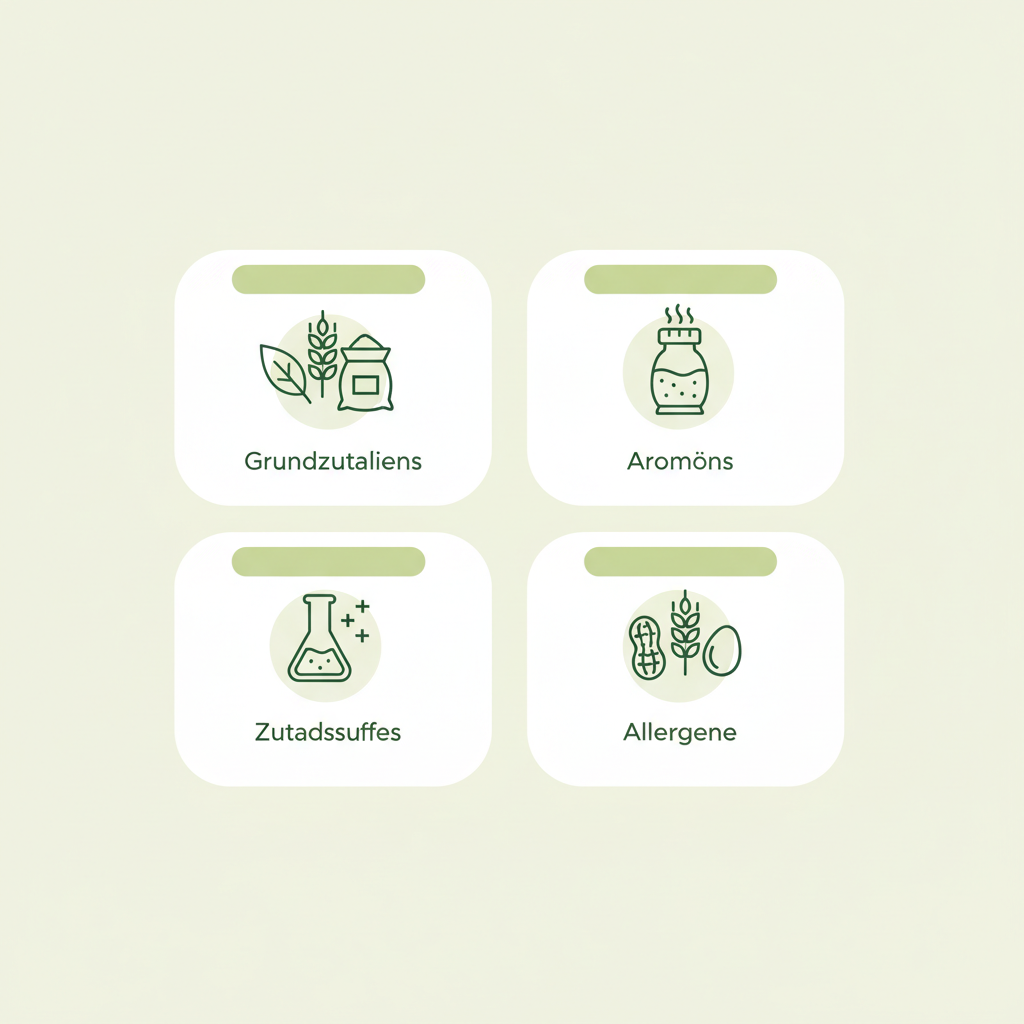 Minimalistische Vektor-Infografik mit vier farbcodierten Icons zu Zutaten-Kategorien: Grundzutaten, Aromen, Zusatzstoffe und Allergene im Schnell Lecker Markenstil.