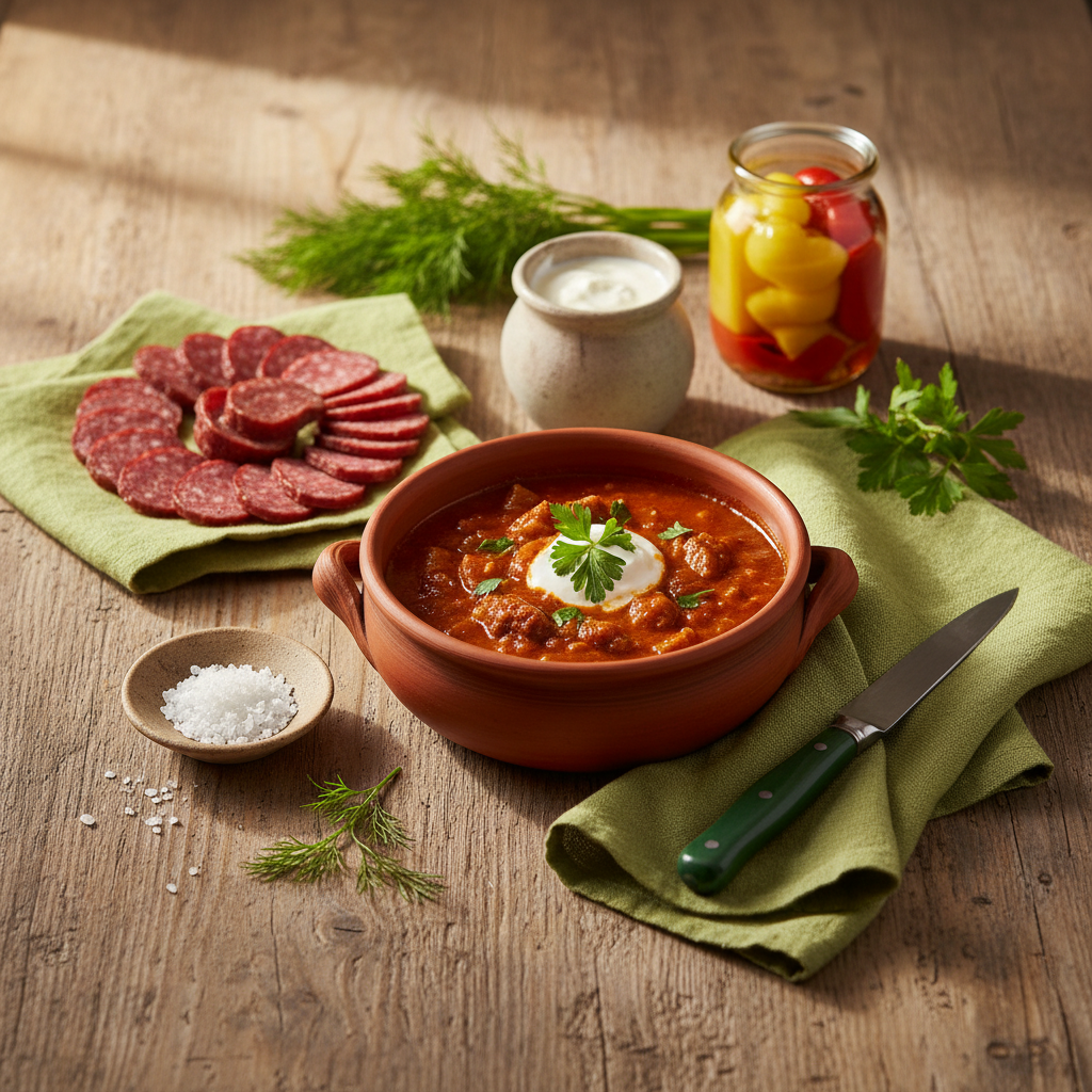 Nahaufnahme von Zutaten auf rustikalem Tisch: Paprikás, Sauerrahm, geräucherte Wurst, eingelegte Paprika und frische Kräuter in minimalistischer, warmer Markenästhetik.