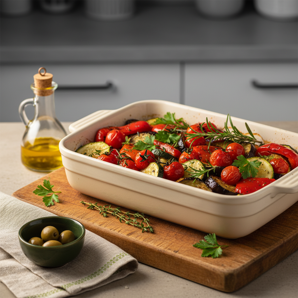 Was für Rezepte gibt es: Nahaufnahme von ofenfrischem mediterranem Gemüse in einer Keramik-Auflaufform auf Holzbrett, Kräuter, Olivenöl, minimalistischer Hintergrund #dbdbcf, Akzente #a5cd8d