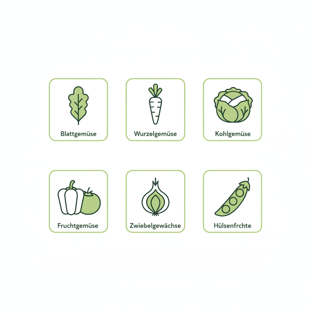 Minimalistische 2D-Vektor-Infografik mit sechs Icons für Gemüsearten auf #dbdbcf Hintergrund, Akzente #a5cd8d und Linien #21431f