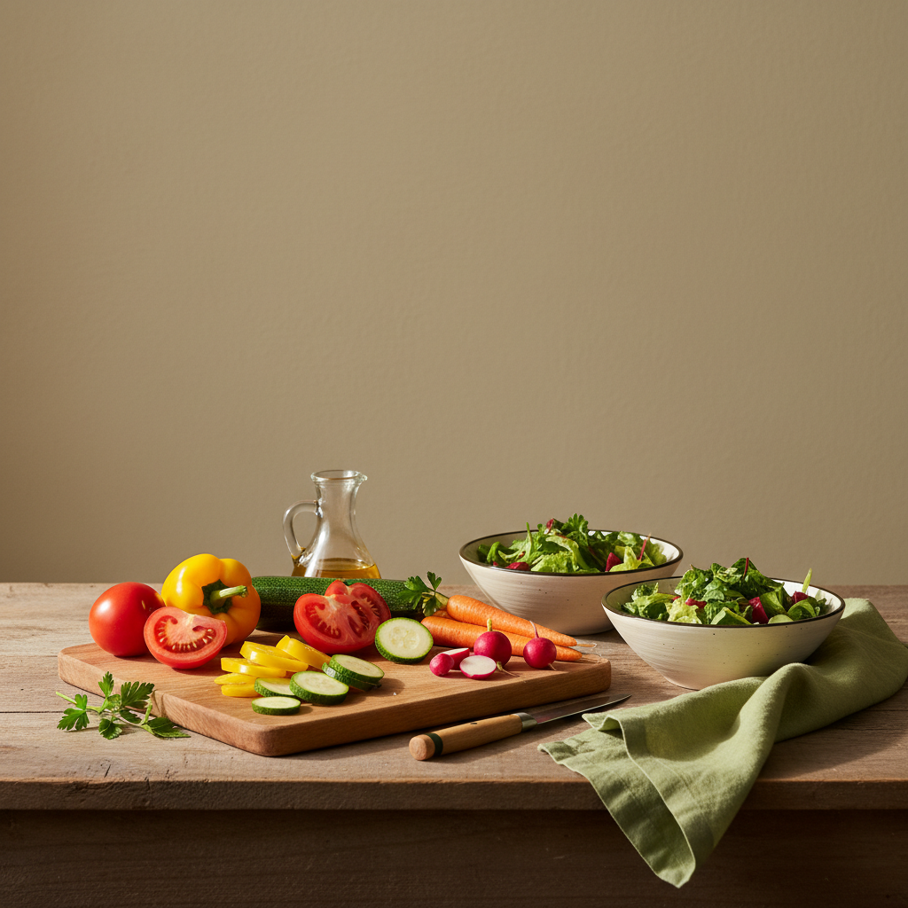 Frisch geschnittene Gemüsesorten auf Holzbrett mit Salatschalen, minimalistisches mitteleuropäisches Küchenarrangement in Schnell Lecker Markenfarben