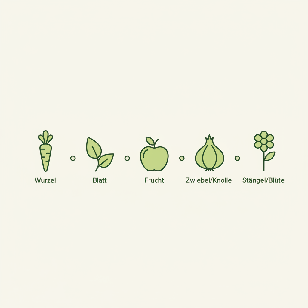 Minimalistische 2D-Vektor-Infografik mit Icons für Gemüsesorten: Wurzel, Blatt, Frucht, Zwiebel/Knolle und Stängel/Blüte, cremefarbener Hintergrund und grüne Akzente.