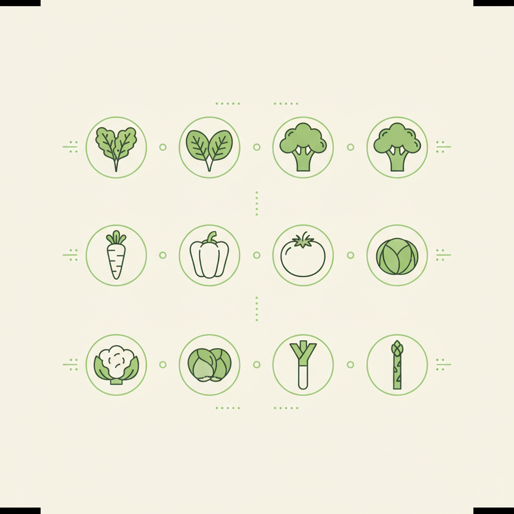 Minimalistische 2D-Vektorinfografik mit zehn Icons der gesündesten Gemüse, sauberes Grid-Layout in Schnell Lecker Farben #dbdbcf, #a5cd8d, #21431f