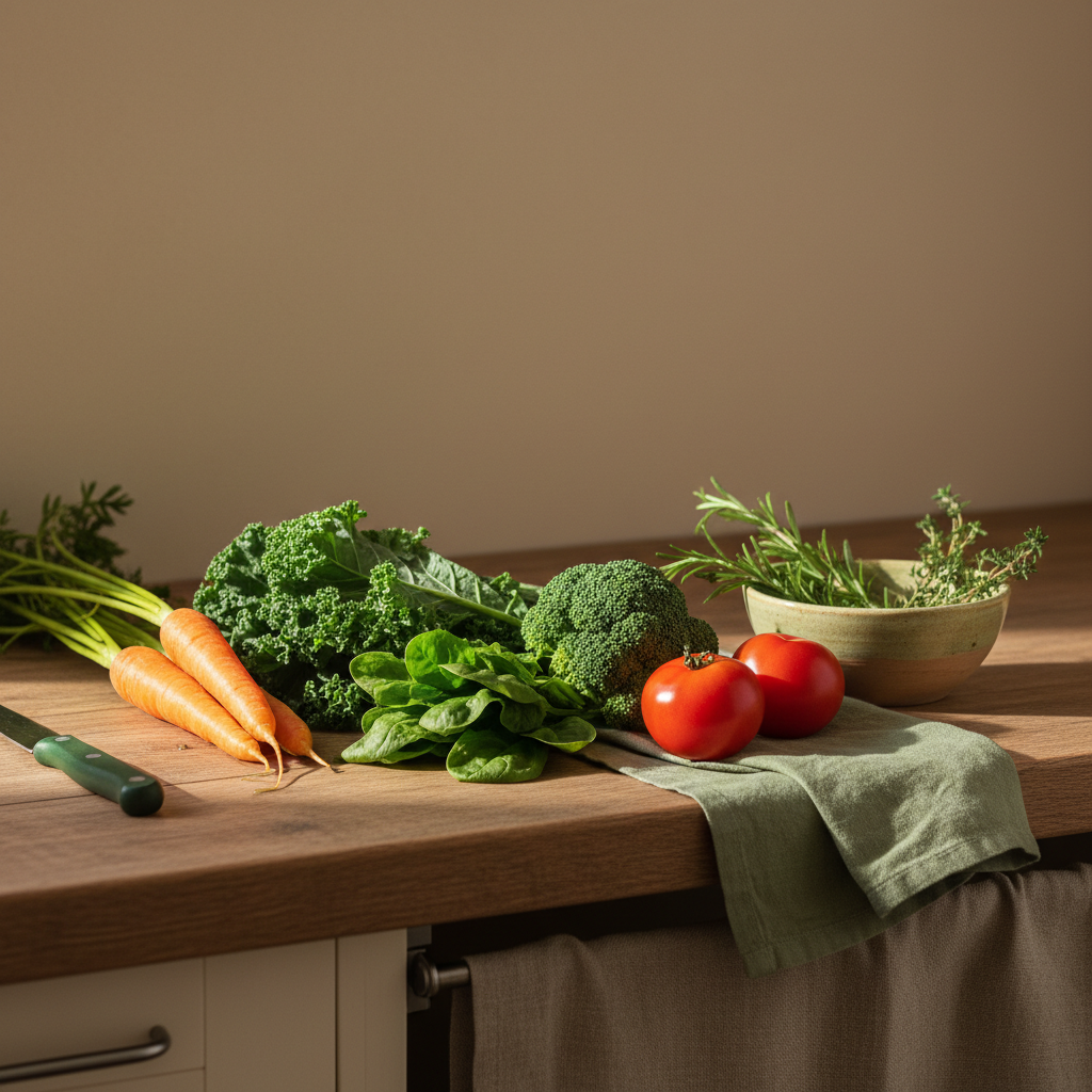 Nahaufnahme eines rustikalen Küchentresens mit Grünkohl, Spinat, Brokkoli, Karotten und Tomaten in warmem Tageslicht, minimalistisches Arrangement, gesündesten Gemüse.