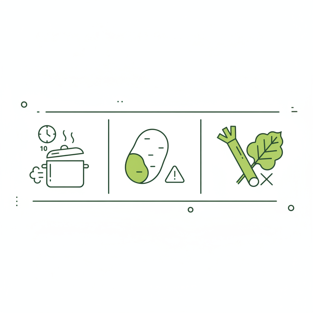 Welche drei Gemüsesorten sollten Sie nicht essen? Minimalistische Vektor-Infografik: Kochtopf mit Uhr (10 min), Kartoffel mit grüner Stelle, Rhabarber Stiel vs Blatt mit X in Schnell Lecker Farben.