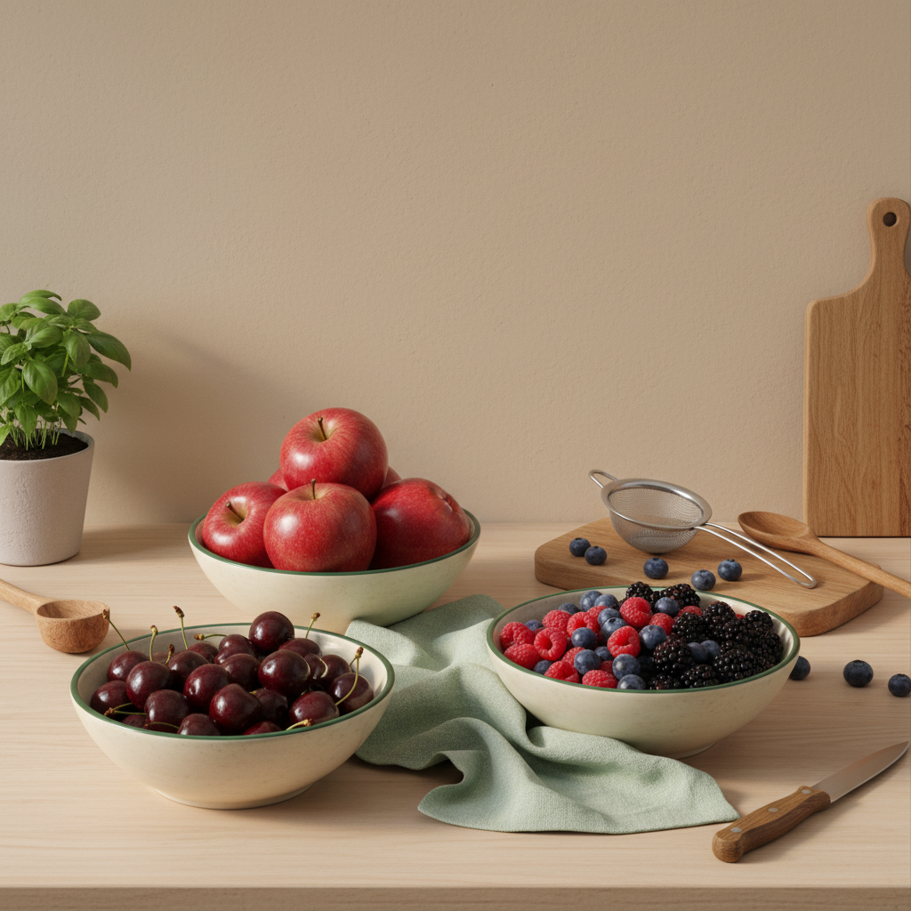 Vollbild einer heimischen Küchenszene mit Schalen saisonaler Obstarten (Äpfel, Kirschen, Beeren), natürliches Licht, minimalistisch, Hintergrund #dbdbcf, Akzente #a5cd8d