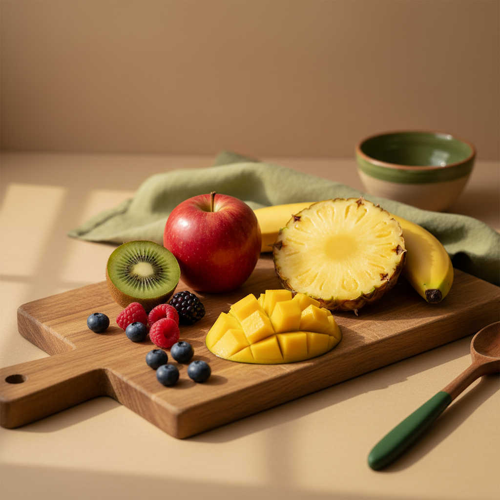 Close-up eines rustikalen Schneidebretts mit 20 Früchten (Apfel, Banane, Kiwi, Beeren, Ananas- und Mangoscheibe) in warmer, minimalistischer europäischer Küche.