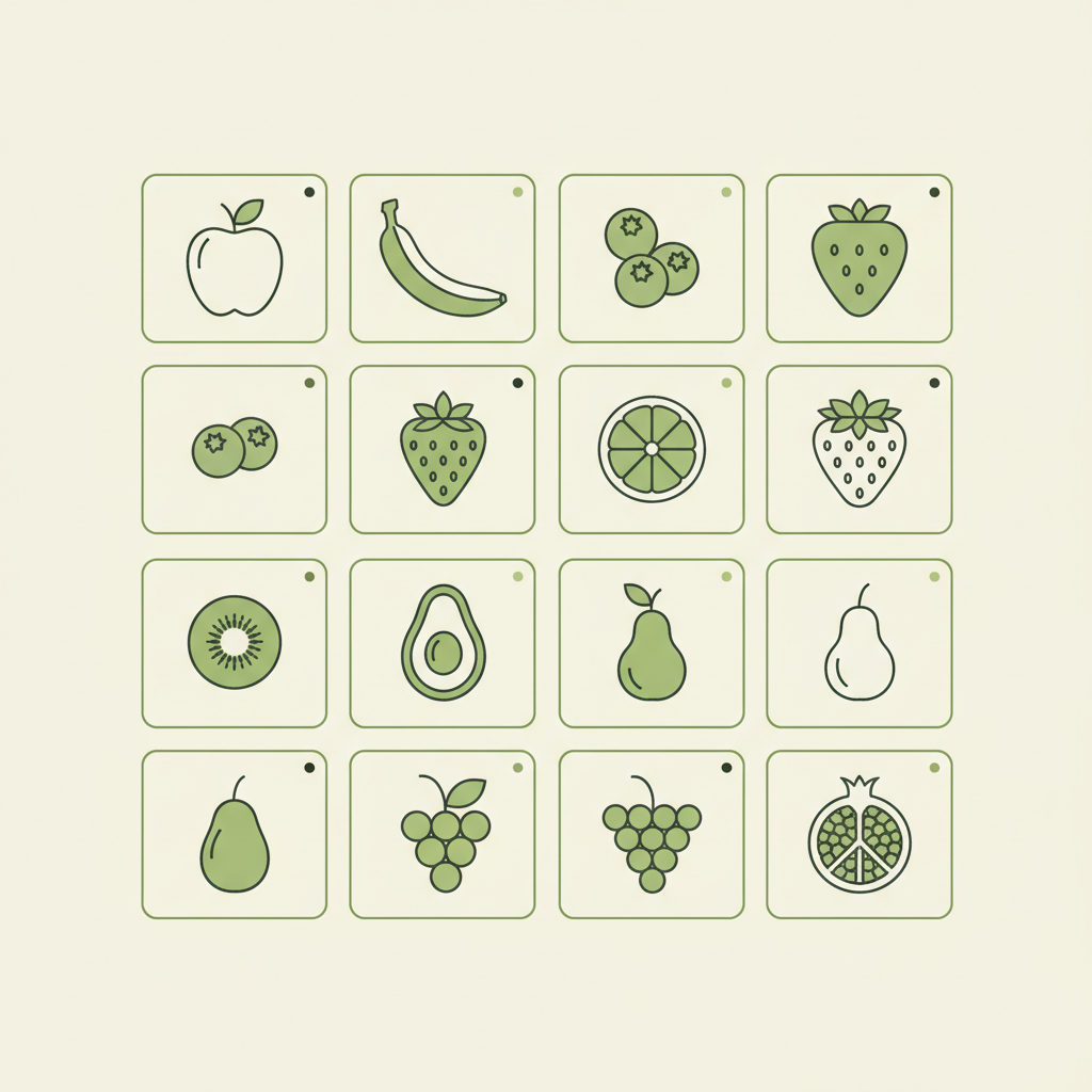 Minimalistische 2D-Vektor-Infografik mit 10 stilisierten Obst-Icons auf pastellhintergrund, passend zum Artikel über die gesündeste Früchte.
