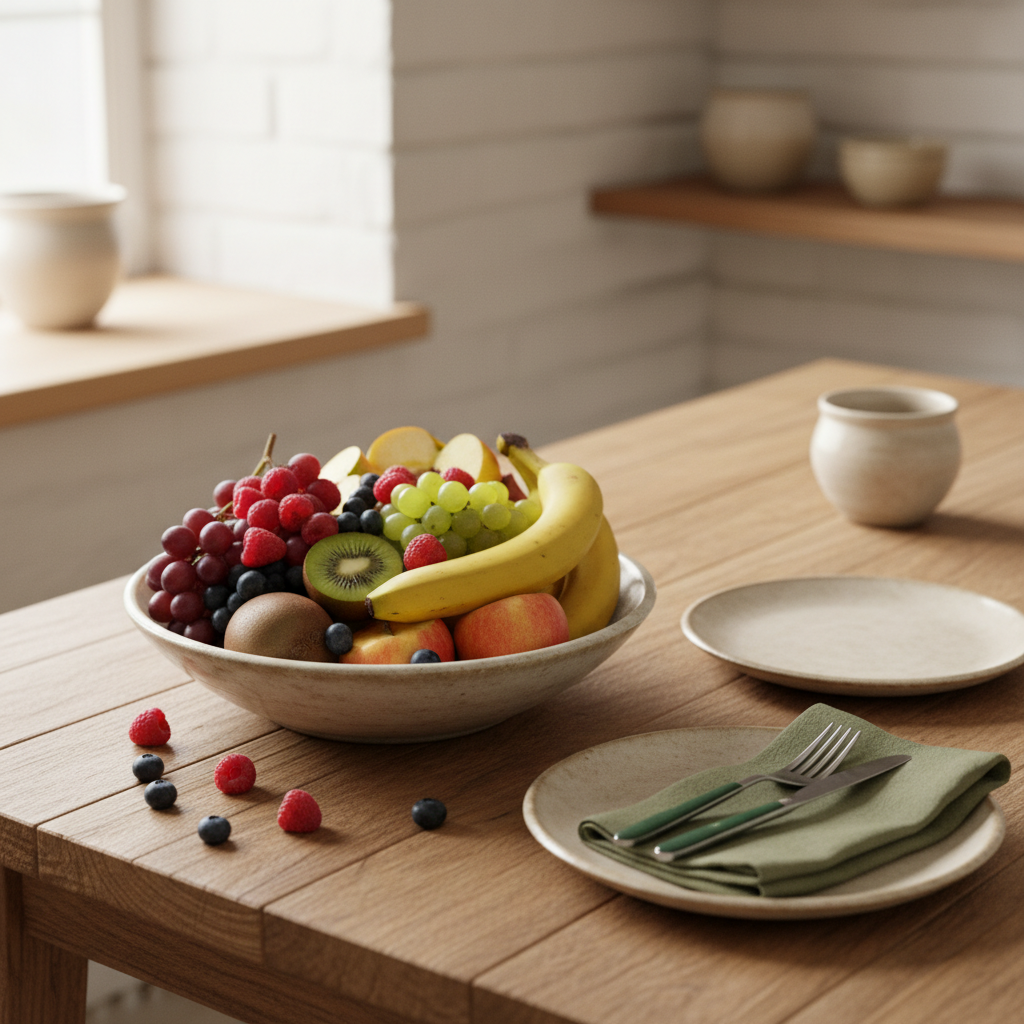 Schüssel mit gemischten Früchten auf rustikalem Tisch in europäischer Küche, dezente Markenakzente, gesündeste Früchte sichtbar