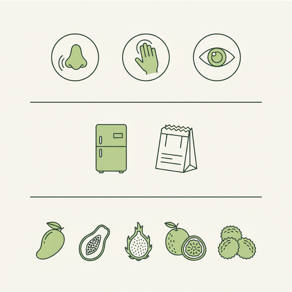 Minimalistische 2D-Vektor-Infografik mit Reife-Check-Icons, Lager-Tipps und kleinen Icons beliebter exotischer Früchte im Markenfarbenschema.