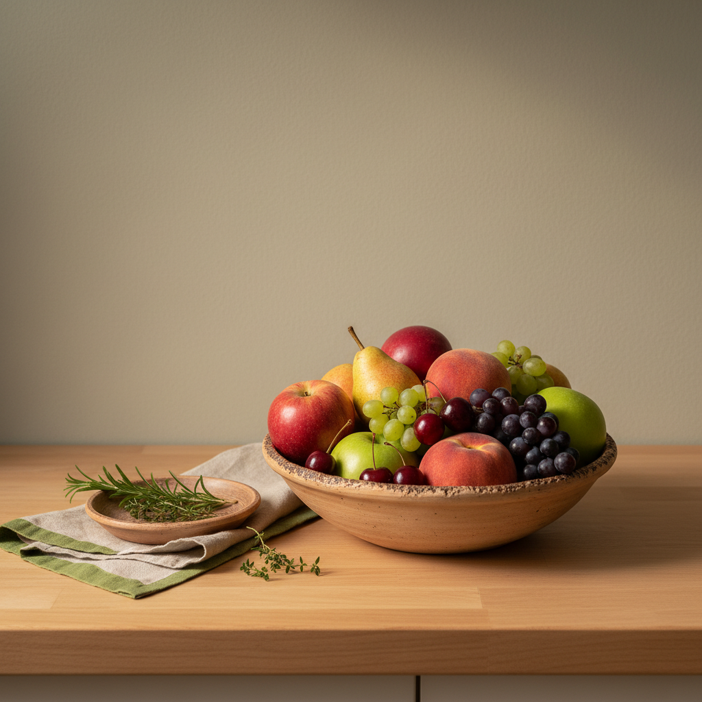 Minimalistisches Küchenstillleben mit Schale verschiedener Früchte auf hellem Hintergrund #dbdbcf – Wie viele Obstsorten gibt es?