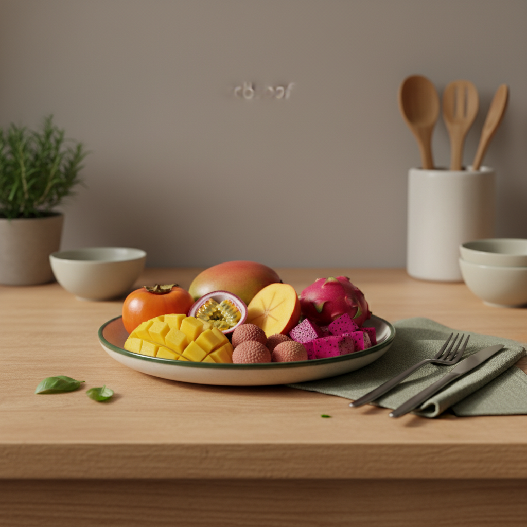 Teller mit exotische Früchte in heimeliger ungarisch-rumänischer Küche, warmes Licht, saubere minimalistische Komposition, Hintergrund #dbdbcf