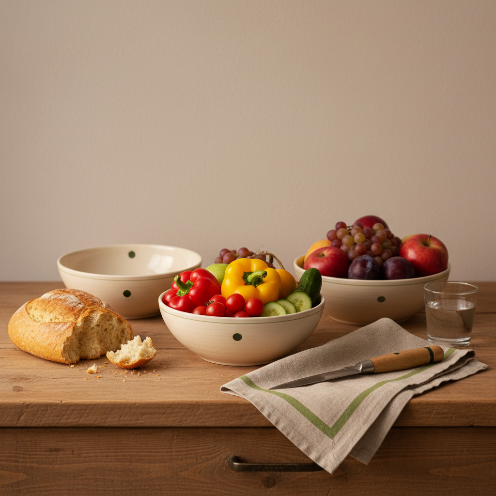 Heimelige europäische Küche mit Schalen aus Keramik, Brot, Gemüse und Früchte in warmer natürlicher Beleuchtung, minimalistisches Layout, Akzente #a5cd8d und #21431f.