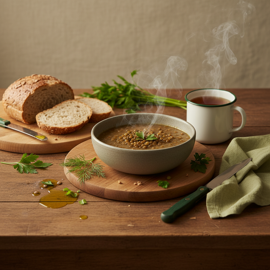 Tisch mit Linseneintopf, Vollkornbrot, frischen Kräutern und Kräutertee in warm-minimalistischem Küchen-Setup – 5 Säulen der Gesundheit